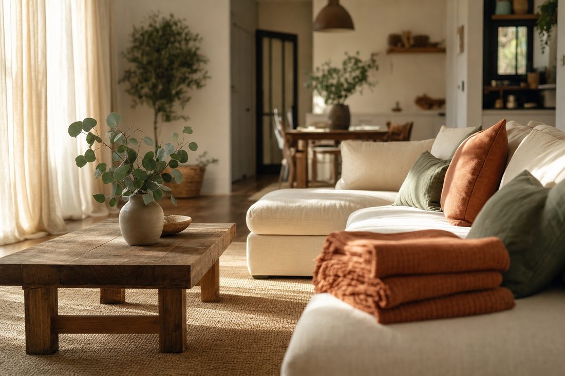 A sunlit, freshly cleaned living room with a cream sofa, wooden coffee table with eucalyptus, and folded terracotta throws