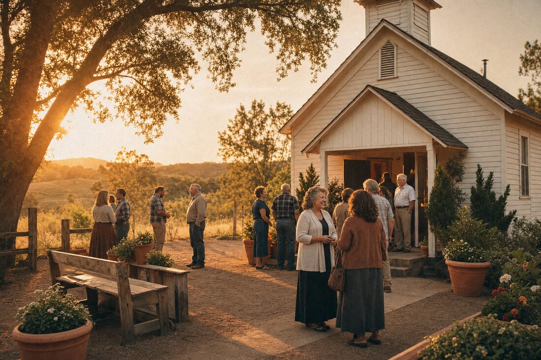 A small country church at golden hour with community members gathering outside