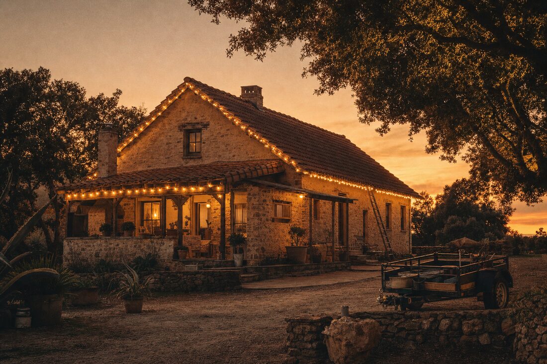 A stone home lit with warm Christmas lights at dusk with a work trailer nearby